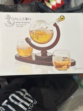 Whiskey Decanter Set with Brown Wood Stand and Clear Globe Decanter